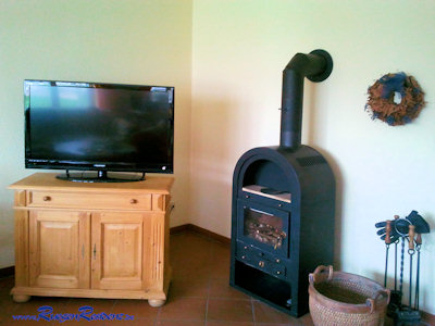 Fernseher und Kamin im Wohnzimmer des Hauses Nr.1 RgenResidenz Losentitz/Zudar