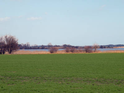 Blick vom Balkon über die Wiesen aufs Wasser