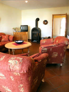 Wohnzimmer des Ferienhauses mit Kamin und Couchgarnitur