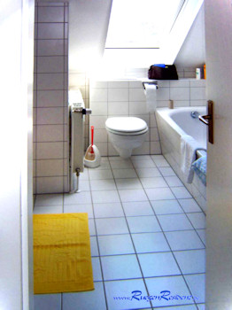 Das Badezimmer mit Dusche, WC, Waschbecken und Badewanne