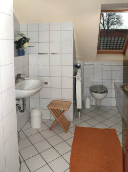 Im Obergescho das Bad mit Dusche und Badewanne